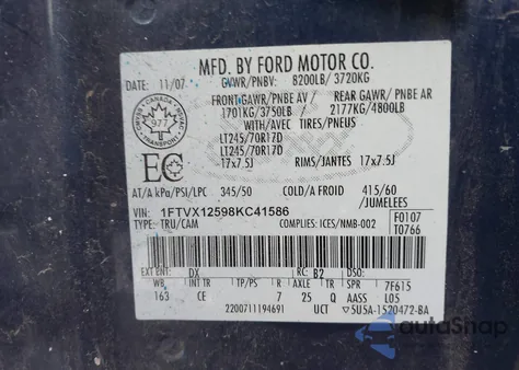 2008 Ford F-150 Xl/Xlt z USA, uszkodzony, nr VIN 1FTVX12598KC41586